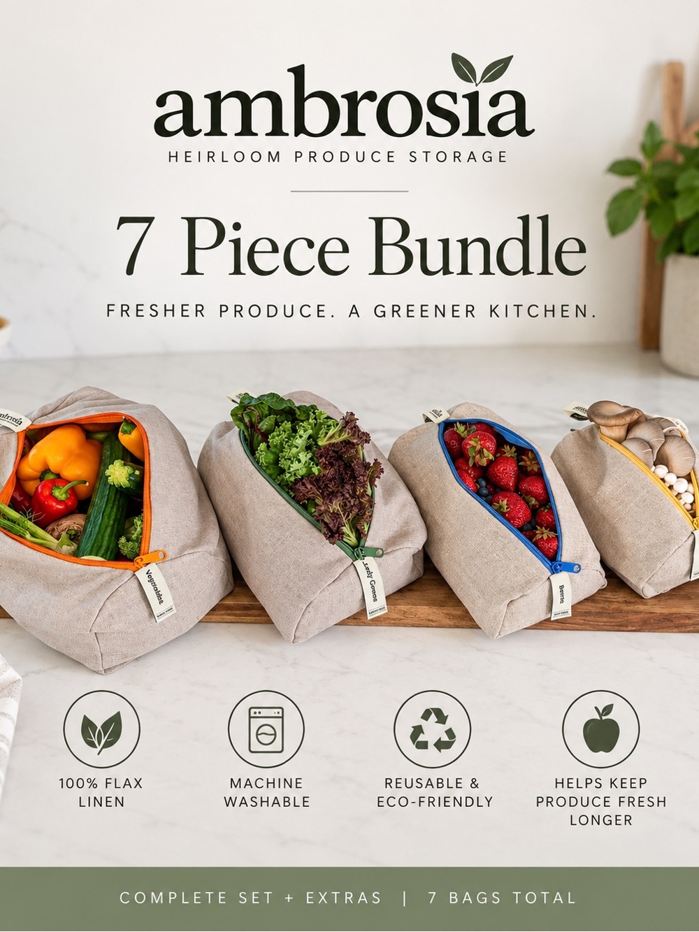 🌿 Ambrosia Flax Linen Produce Storage Bags - Natural Beige (7 Piece Bundle)
